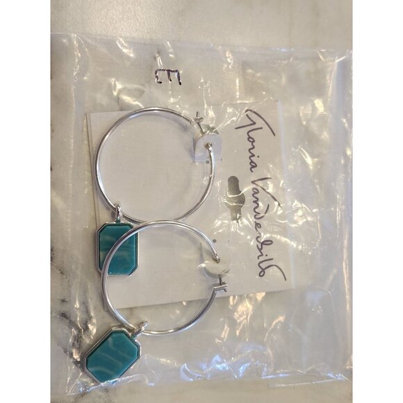 Gloria Vanderbilt Silver Hoop Earrings W/ Turquoise Geometric Pendant Drop Women - Picture 2 of 5